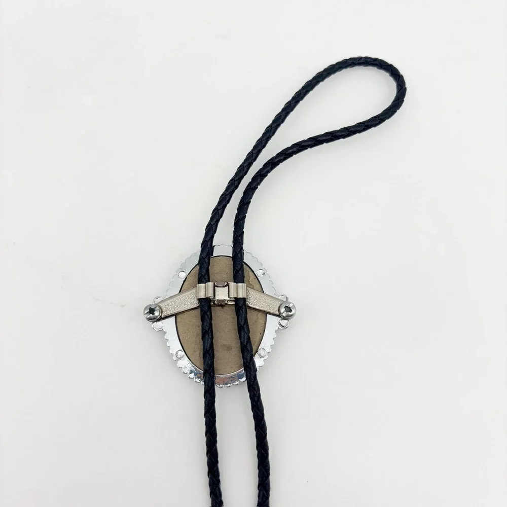 Retro Western Style Gray Agate Bolo Tie & Oval Belt Buckle Set
